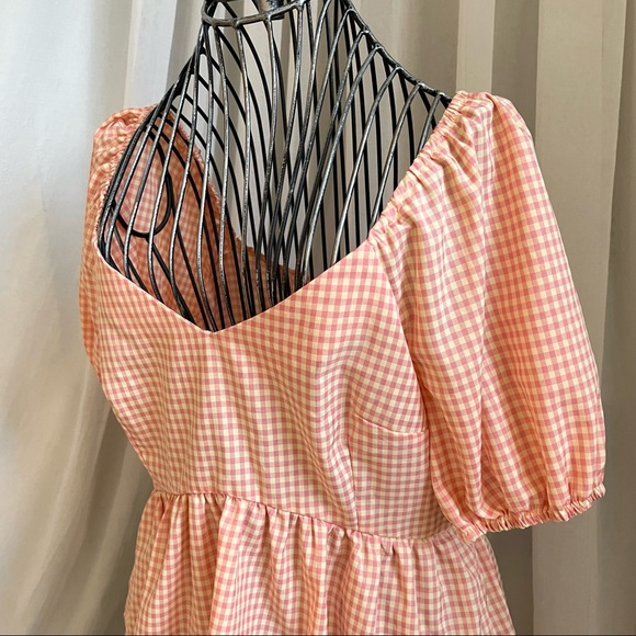 Shein Apricot Gingham Puff Sleeve Peplum Top - Picture 10 of 16